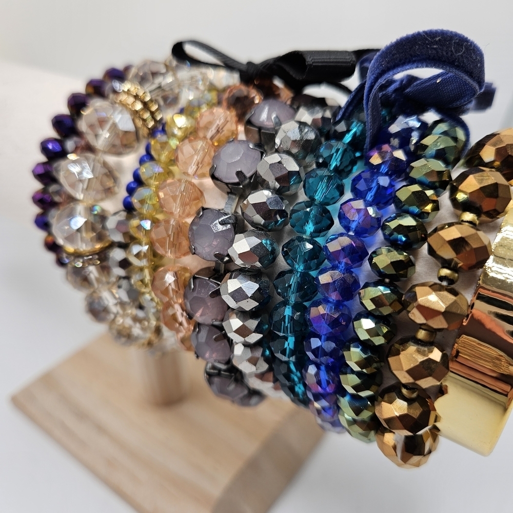 NEW VINTAGE Mixed Color Faceted Glass Beaded Stretch Bracelet Lot of 12